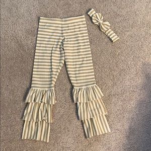 Eleanor Rose Girls Striped Ruffle Leggings and Headband - Cream and Tan